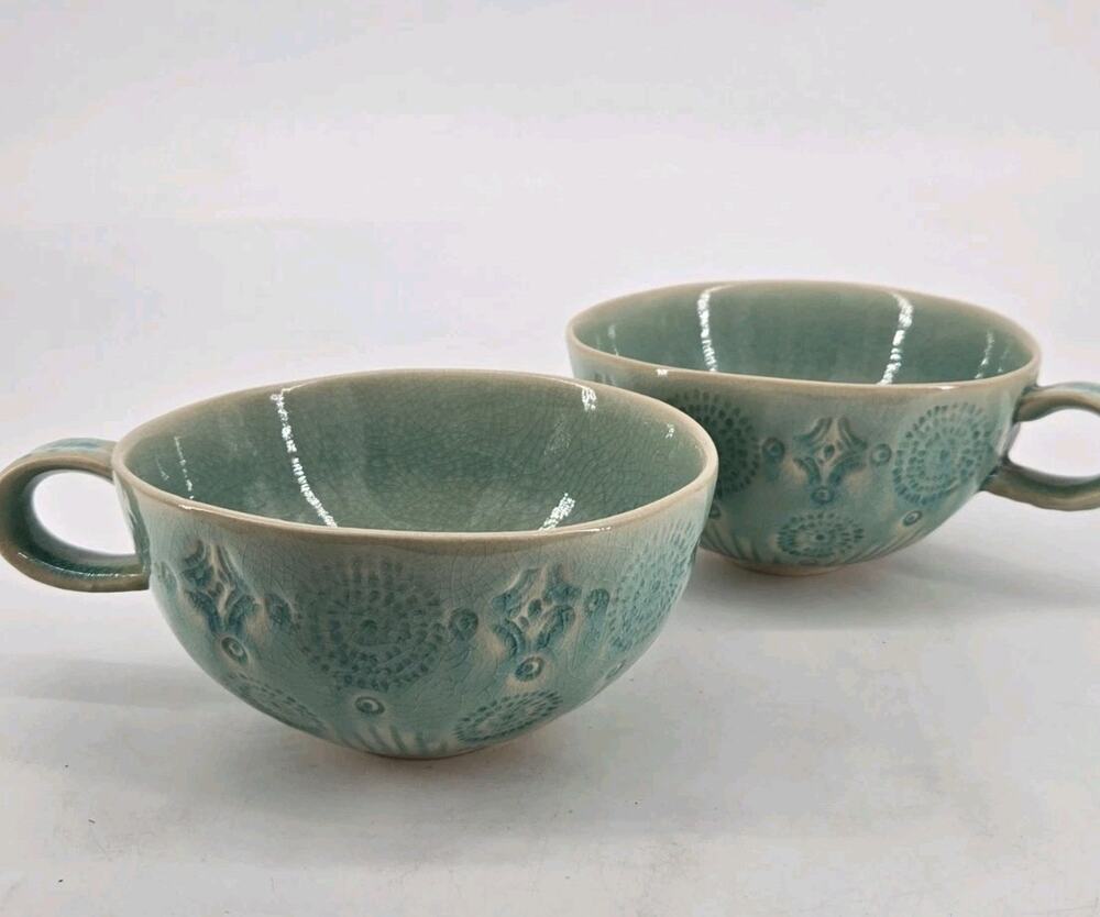 Set Of 2 Anthropologie Old Havana Mint Green Crackle Finish 12oz Mug Cup